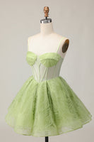 Load image into Gallery viewer, Green A Line Corset Spaghetti Straps Short Prom Dress