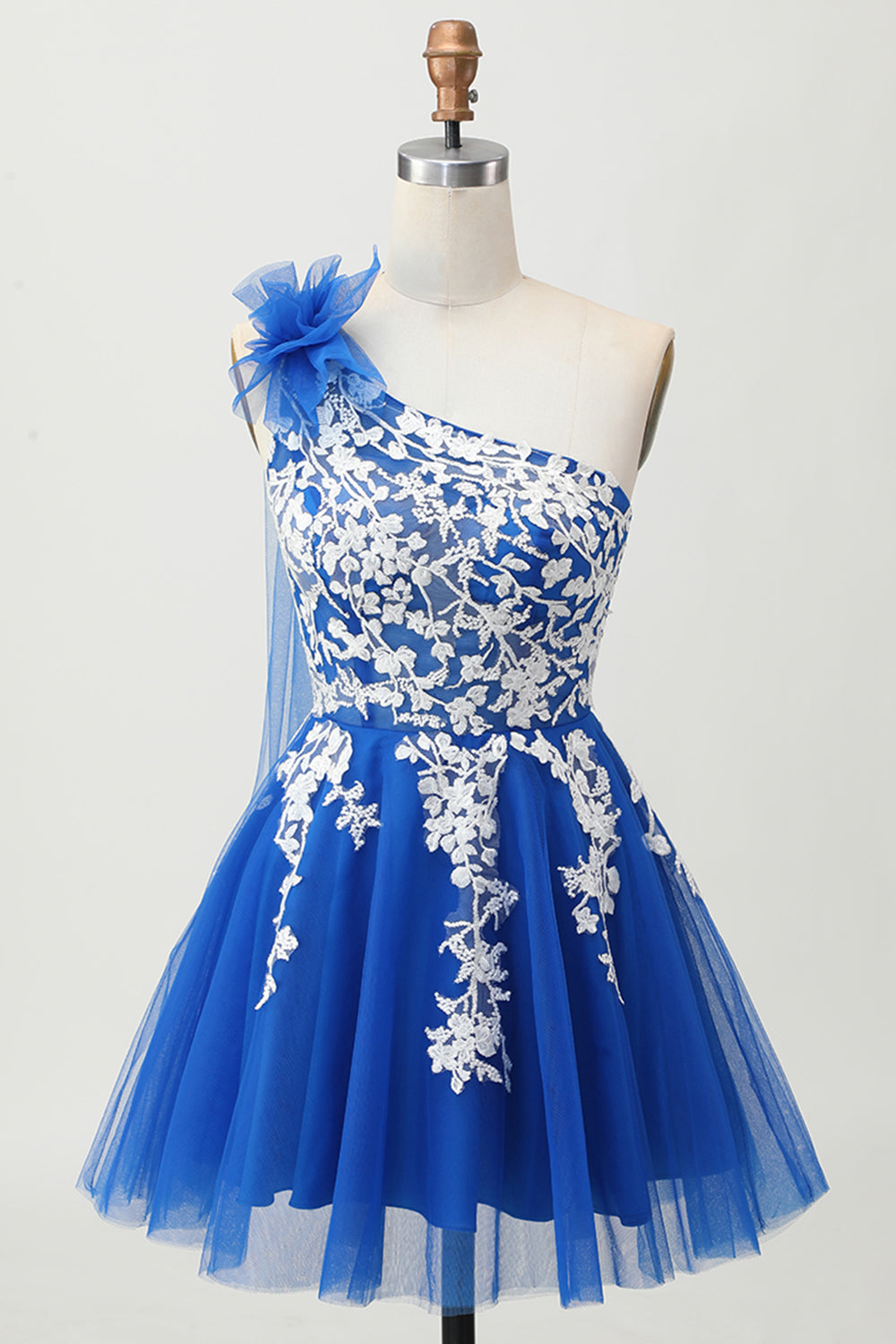 Royal Blue One Shoulder Tulle Short Prom Dress with 3D Flower