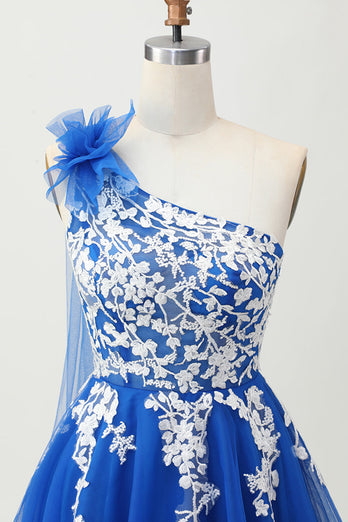 Royal Blue One Shoulder Tulle Short Prom Dress with 3D Flower