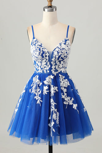 Royal Blue A Line Tulle Short Prom Dress with Appliques