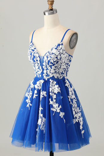 Royal Blue A Line Tulle Short Prom Dress with Appliques