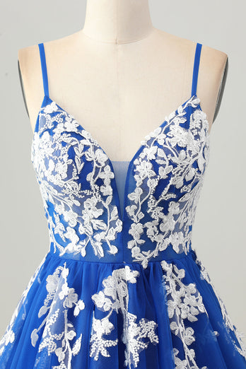 Royal Blue A Line Tulle Short Prom Dress with Appliques