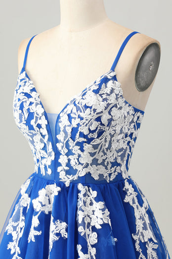 Royal Blue A Line Tulle Short Prom Dress with Appliques