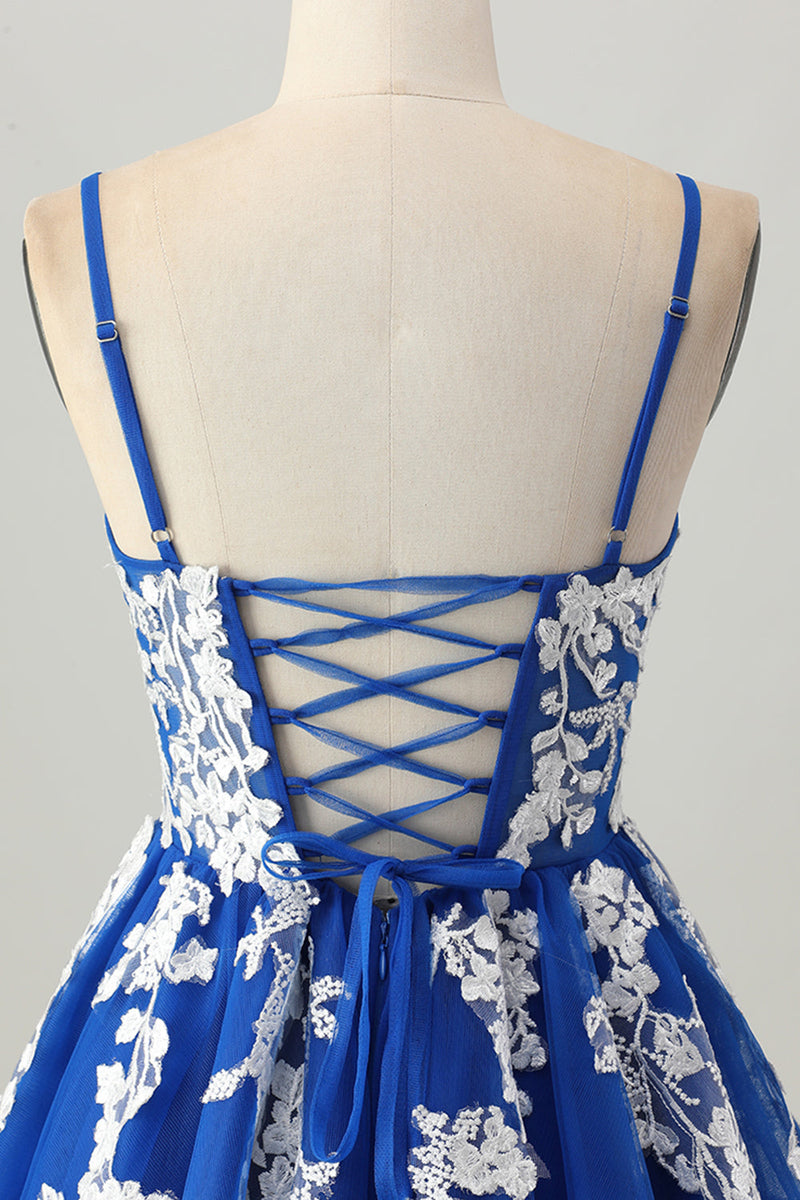 Load image into Gallery viewer, Royal Blue A Line Tulle Short Prom Dress with Appliques