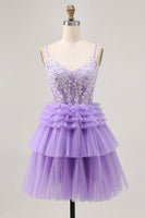 Load image into Gallery viewer, Sparkly Lavender Corset Floral Short Prom Dress with Ruffles
