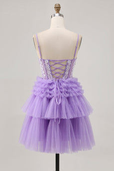 Sparkly Lavender Corset Floral Short Prom Dress with Ruffles