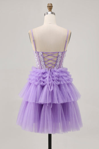 Sparkly Lavender Corset Floral Short Prom Dress with Ruffles