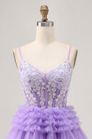 Load image into Gallery viewer, Sparkly Lavender Corset Floral Short Prom Dress with Ruffles