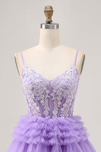 Sparkly Lavender Corset Floral Short Prom Dress with Ruffles
