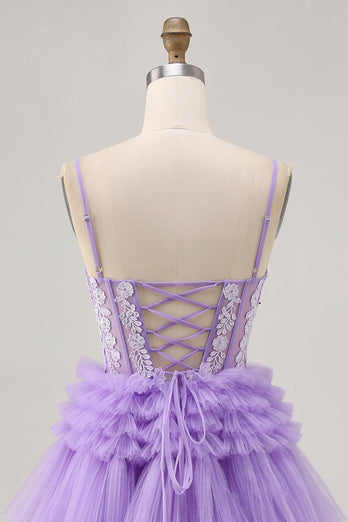 Sparkly Lavender Corset Floral Short Prom Dress with Ruffles