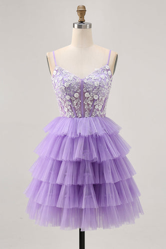 Lavender Floral Short Corset Prom Dress with Ruffles
