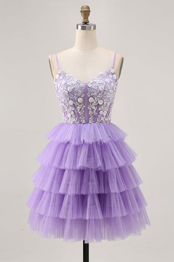 Lavender Floral Short Corset Prom Dress with Ruffles