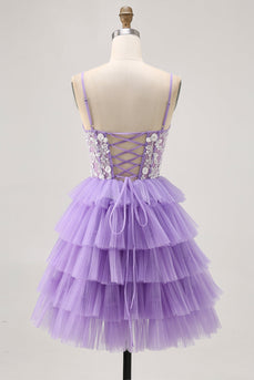 Lavender Floral Short Corset Prom Dress with Ruffles