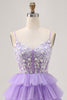 Load image into Gallery viewer, Lavender Floral Short Corset Prom Dress with Ruffles