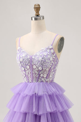 Lavender Floral Short Corset Prom Dress with Ruffles