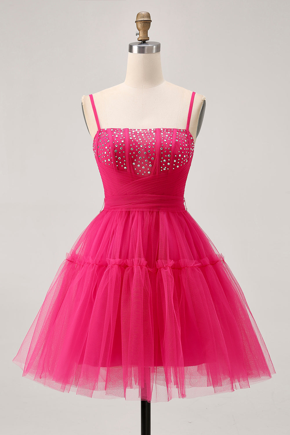 Sparkly Fuchsia A Line Tulle Short Prom Dress with Beading