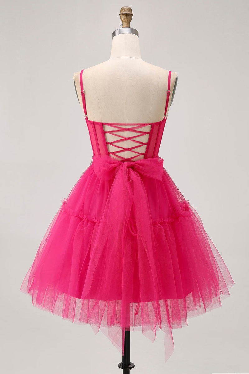 Load image into Gallery viewer, Sparkly Fuchsia A Line Tulle Short Prom Dress with Beading