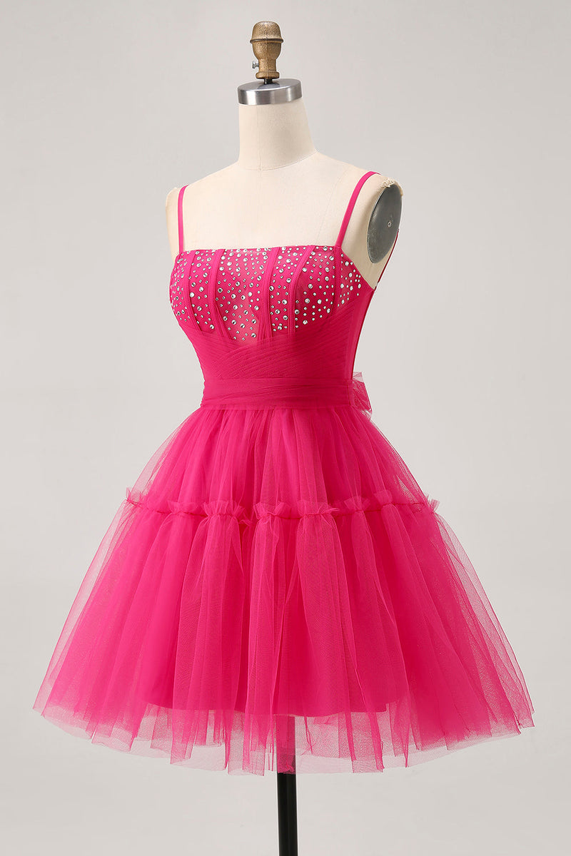 Load image into Gallery viewer, Sparkly Fuchsia A Line Tulle Short Prom Dress with Beading
