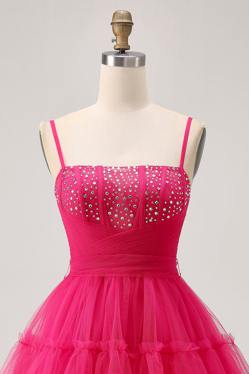 Load image into Gallery viewer, Sparkly Fuchsia A Line Tulle Short Prom Dress with Beading