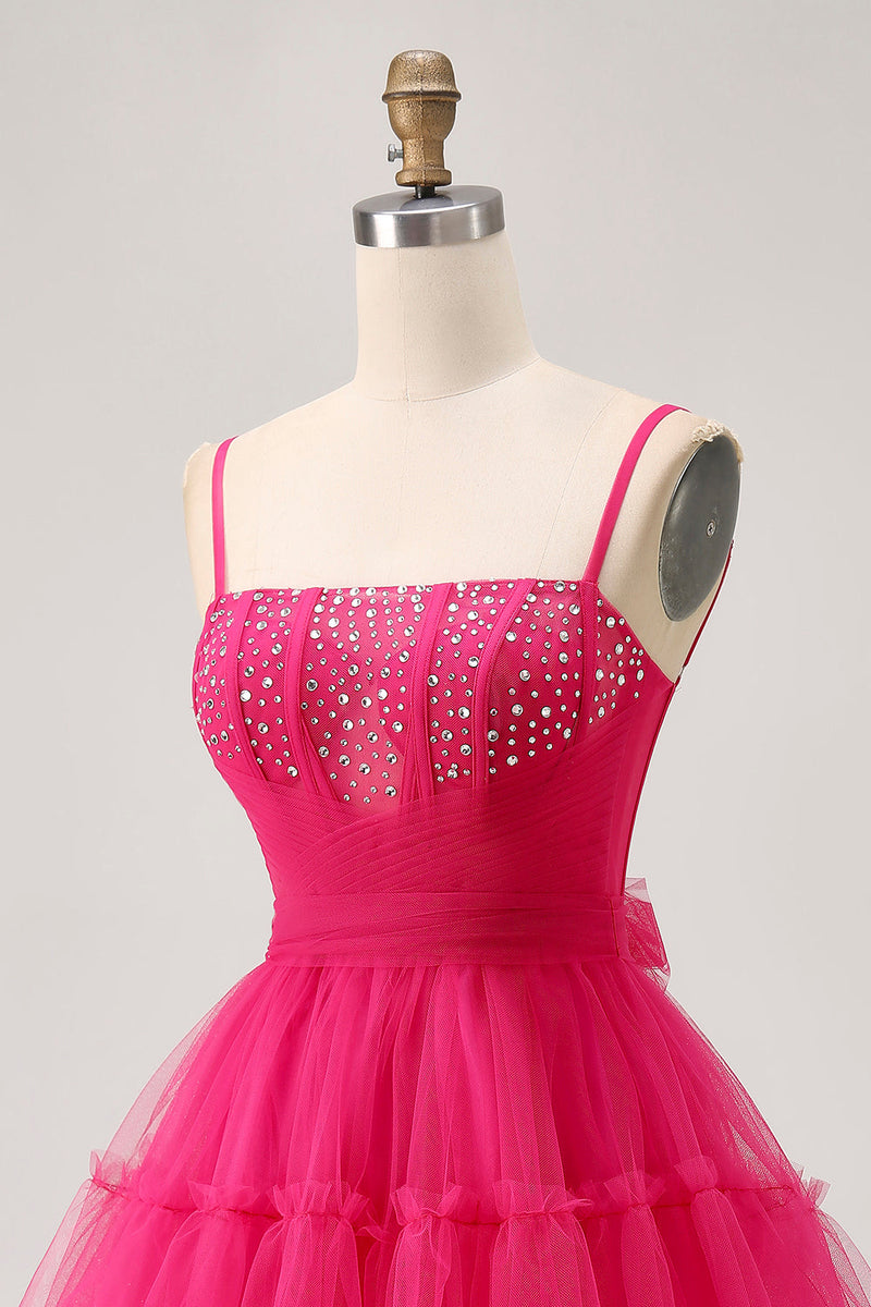 Load image into Gallery viewer, Sparkly Fuchsia A Line Tulle Short Prom Dress with Beading