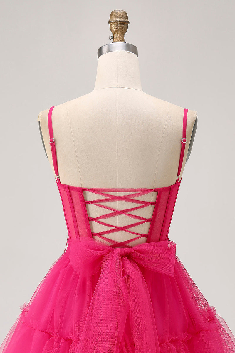 Load image into Gallery viewer, Sparkly Fuchsia A Line Tulle Short Prom Dress with Beading