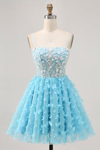 Sparkly Blue Floral Short Corset Prom Dress with Sequins