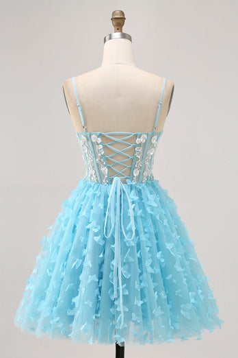 Sparkly Blue Floral Short Corset Prom Dress with Sequins
