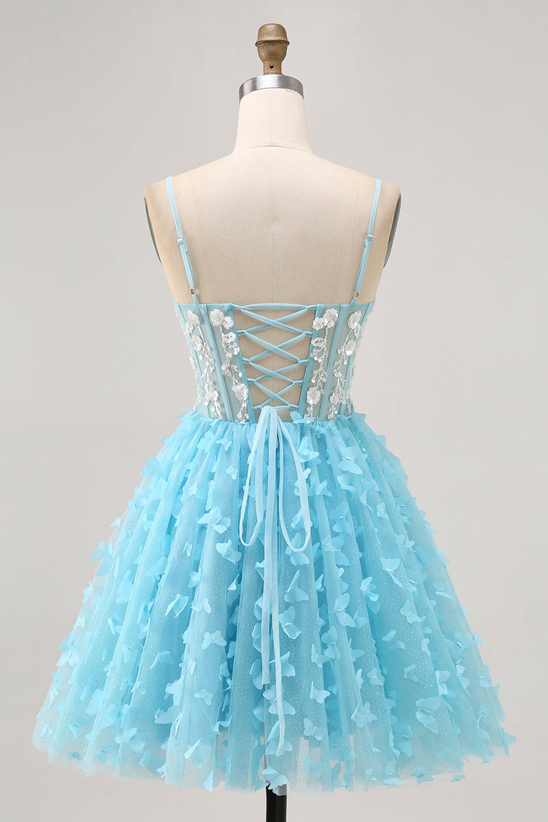Load image into Gallery viewer, Sparkly Blue Floral Short Corset Prom Dress with Sequins