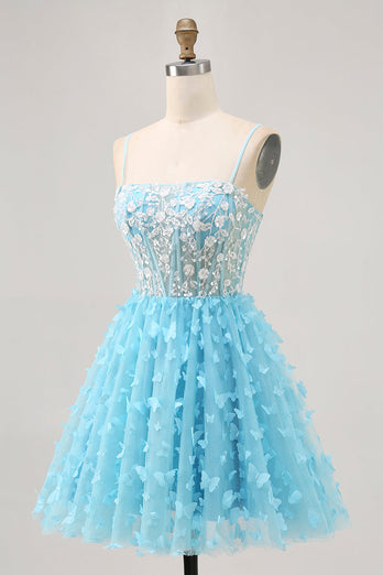 Sparkly Blue Floral Short Corset Prom Dress with Sequins