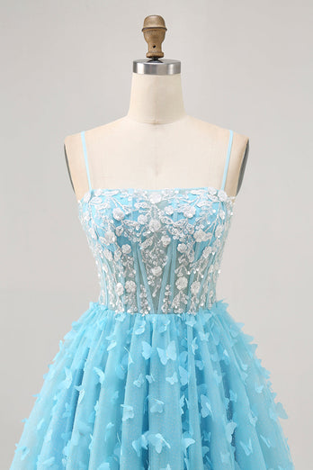 Sparkly Blue Floral Short Corset Prom Dress with Sequins