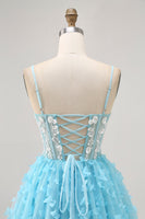 Load image into Gallery viewer, Sparkly Blue Floral Short Corset Prom Dress with Sequins