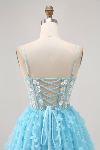 Sparkly Blue Floral Short Corset Prom Dress with Sequins