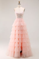 Load image into Gallery viewer, Sparkly Blush Tulle Floral A-Line Ruffled Long Prom Dress with Sequins