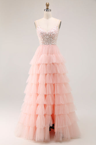 Sparkly Blush Tulle Floral A-Line Ruffled Long Prom Dress with Sequins