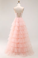 Load image into Gallery viewer, Sparkly Blush Tulle Floral A-Line Ruffled Long Prom Dress with Sequins