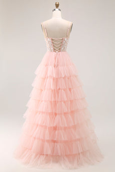 Sparkly Blush Tulle Floral A-Line Ruffled Long Prom Dress with Sequins