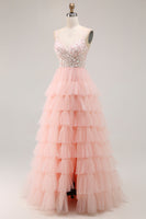 Load image into Gallery viewer, Sparkly Blush Tulle Floral A-Line Ruffled Long Prom Dress with Sequins