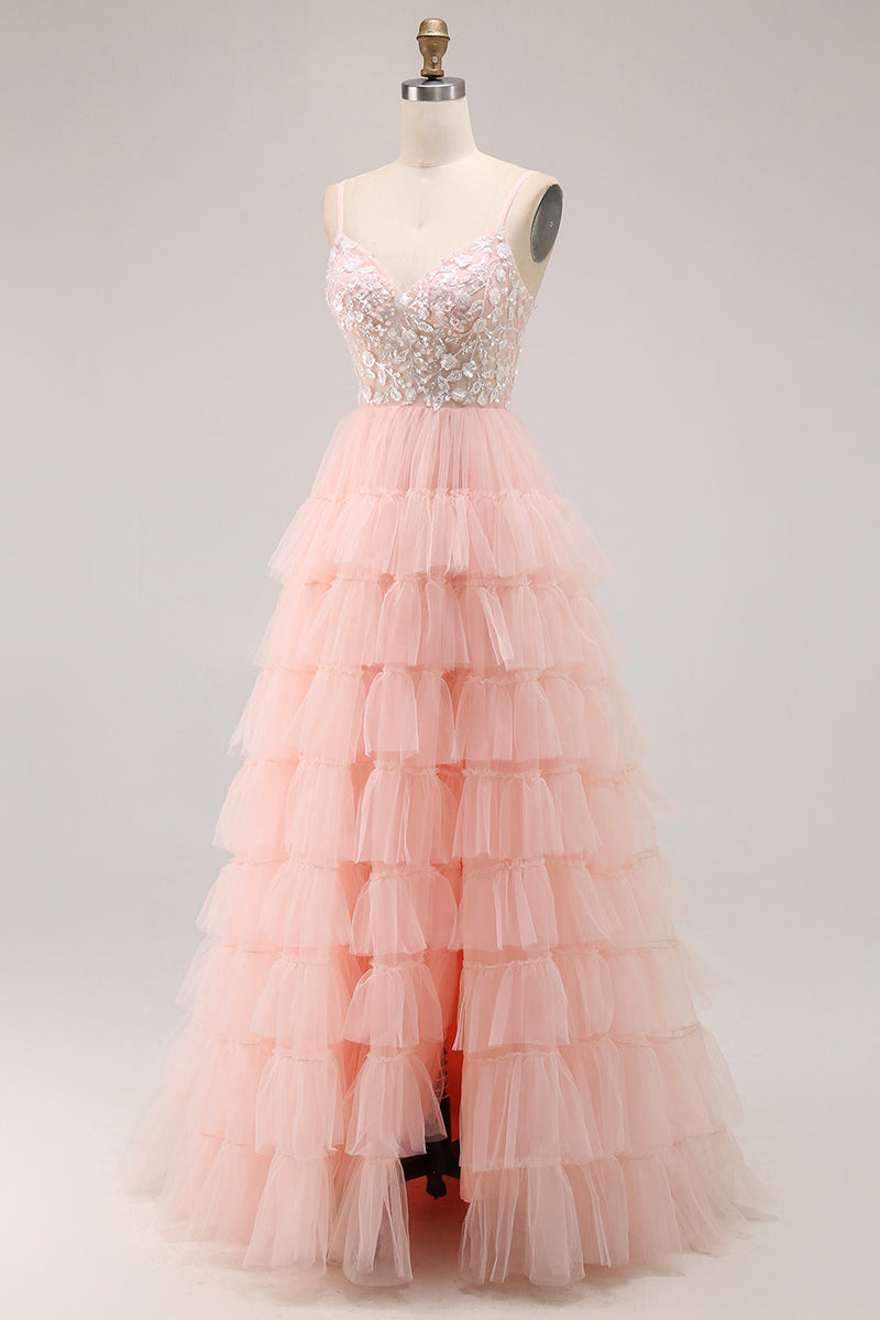 Load image into Gallery viewer, Sparkly Blush Tulle Floral A-Line Ruffled Long Prom Dress with Sequins