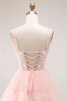 Load image into Gallery viewer, Sparkly Blush Tulle Floral A-Line Ruffled Long Prom Dress with Sequins