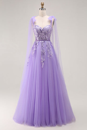 Sparkly Purple Tulle A Line Long Prom Dress with Sequins