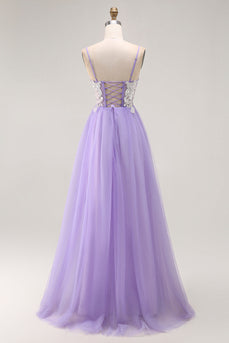 Sparkly Purple A Line Long Corset Prom Dress with Sequins