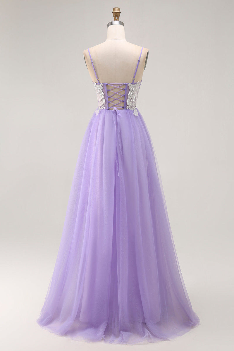 Load image into Gallery viewer, Sparkly Purple A Line Long Corset Prom Dress with Sequins