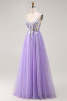 Load image into Gallery viewer, Sparkly Purple A Line Long Corset Prom Dress with Sequins