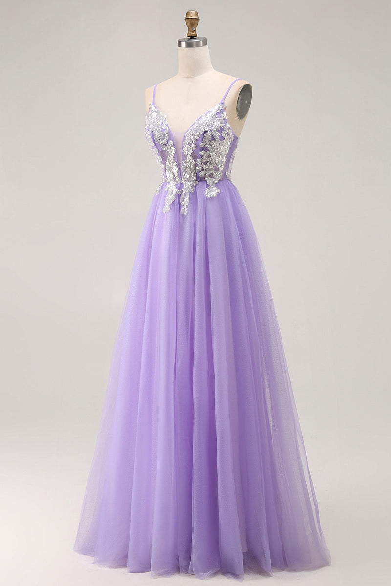 Load image into Gallery viewer, Sparkly Purple A Line Long Corset Prom Dress with Sequins