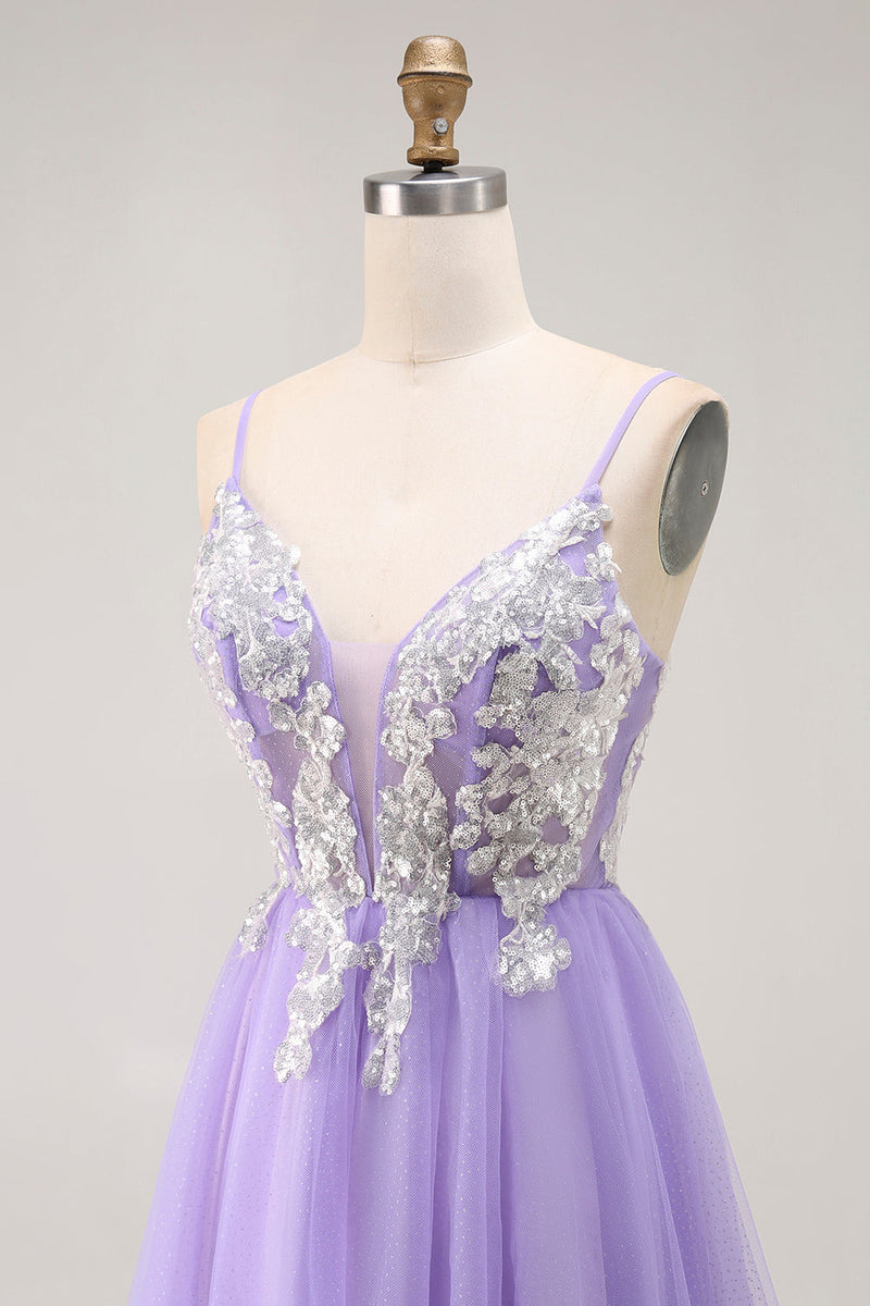Load image into Gallery viewer, Sparkly Purple A Line Long Corset Prom Dress with Sequins
