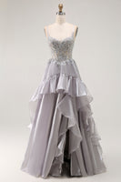 Load image into Gallery viewer, Sparkly Grey Ruffled A Line Long Corset Prom Dress with Beading