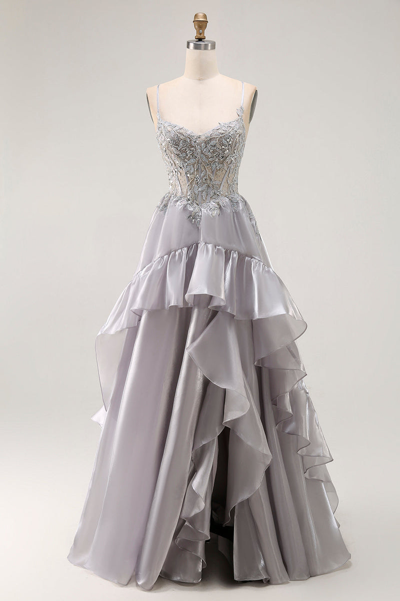 Load image into Gallery viewer, Sparkly Grey Ruffled A Line Long Corset Prom Dress with Beading
