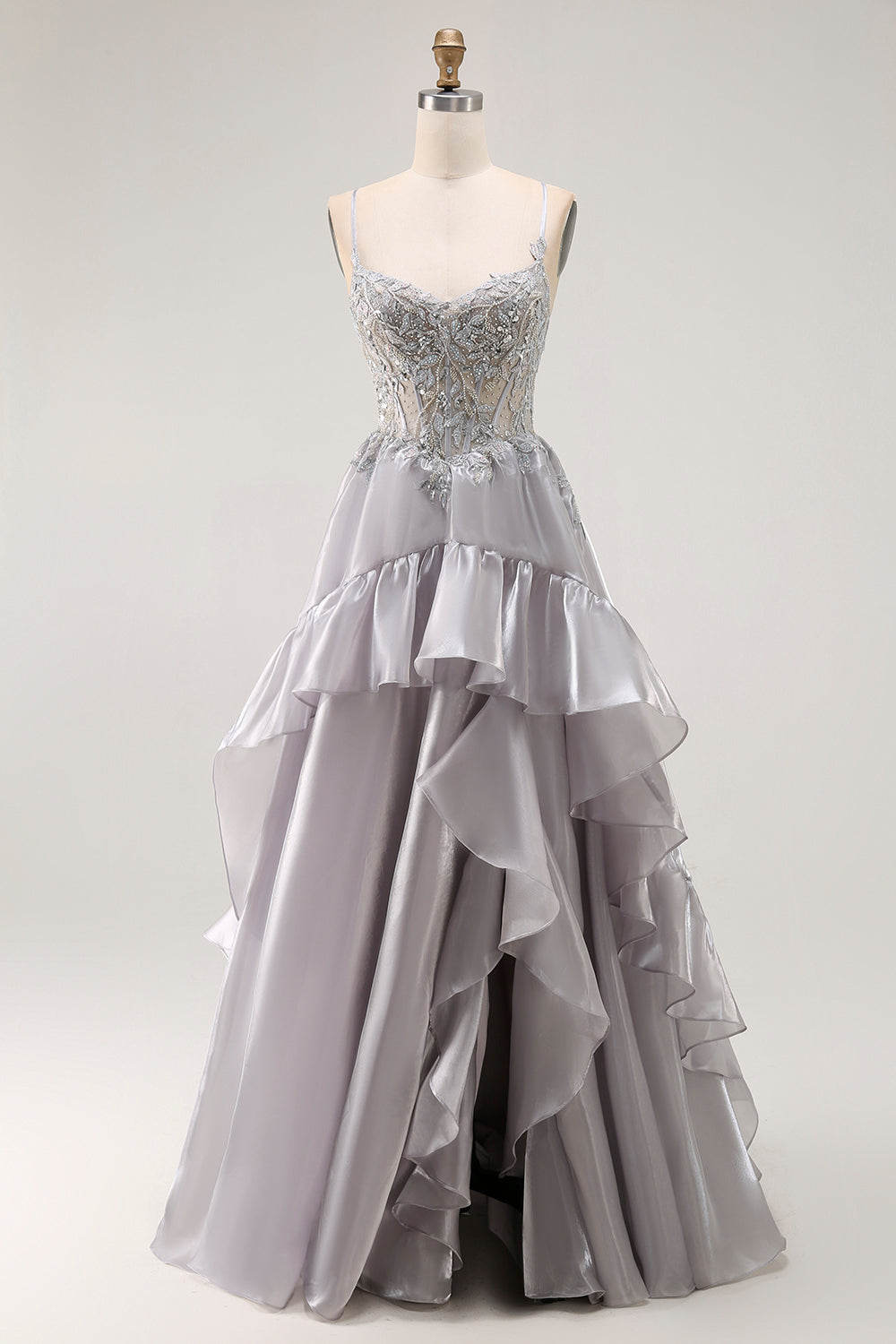 Sparkly Grey Ruffled A Line Long Corset Prom Dress with Beading