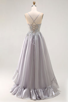 Sparkly Grey Ruffled A Line Long Corset Prom Dress with Beading