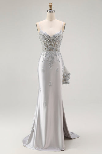 Sparkly Grey Mermaid Corset Long Prom Dress with Beading